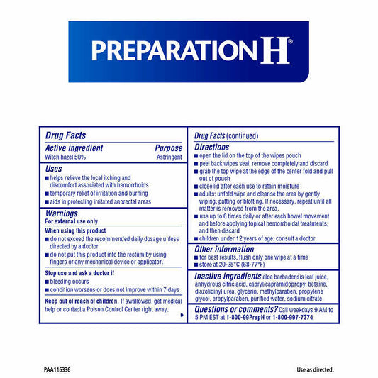 Preparation H Medicated Hemorrhoidal Wipes, 180 Wipes